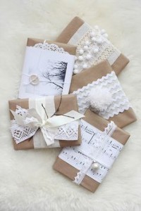 cute ways to wrap bridesmaid gifts brown paper lace sheet music beads and buttons