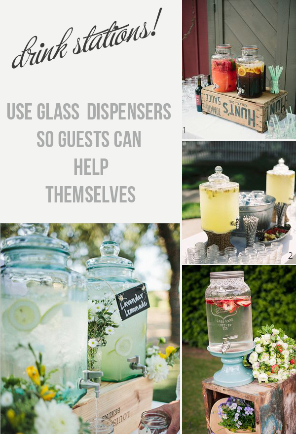 drink stations at weddings use glass drink dispensers with taps