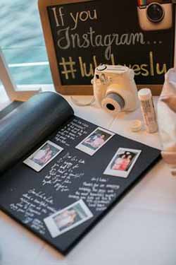 wedding guest book ideas - stick polaroid photos in a guest book and write a message next to it