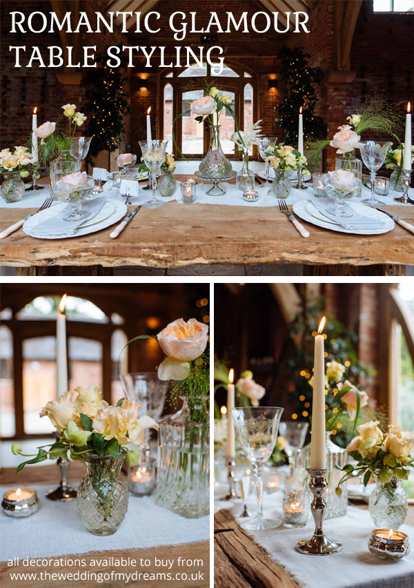 romantic glamour wedding table styling all decorations available to buy from the wedding of my dreams