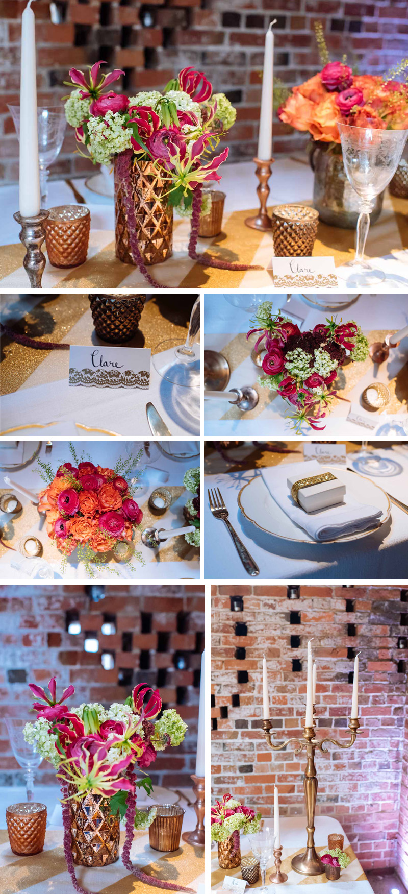 luxe metallic wedding ideas and decorations copper gold bronze with bright pink flowers 2