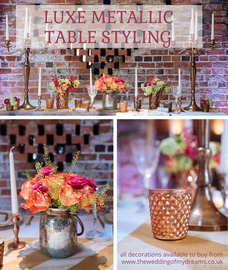 luxe metallic wedding ideas and decorations copper gold bronze with bright pink flowers