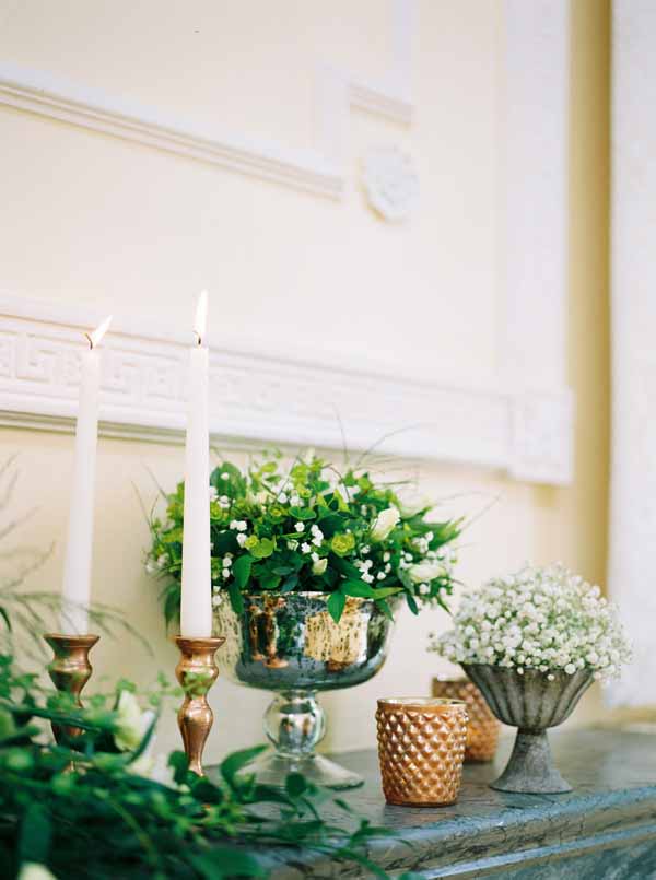 wedding fireplace ideas with candles urns candle sticks and foliage (5)