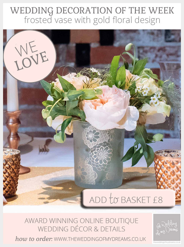 gold vase wedding centrepiece with floral pattern