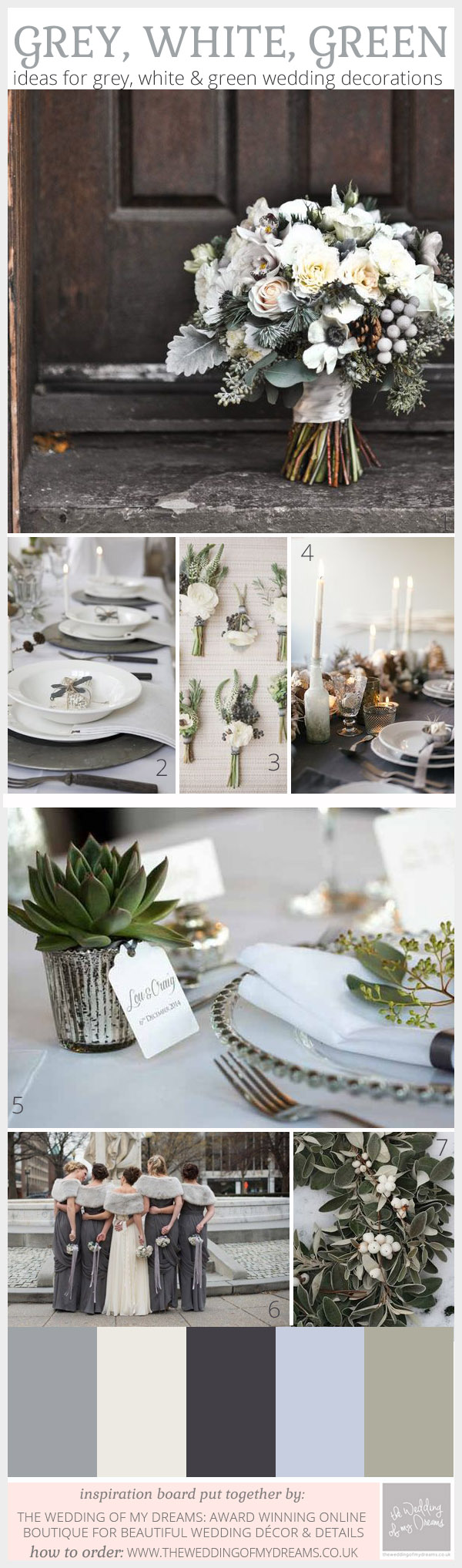 grey white green wedding inspiration board