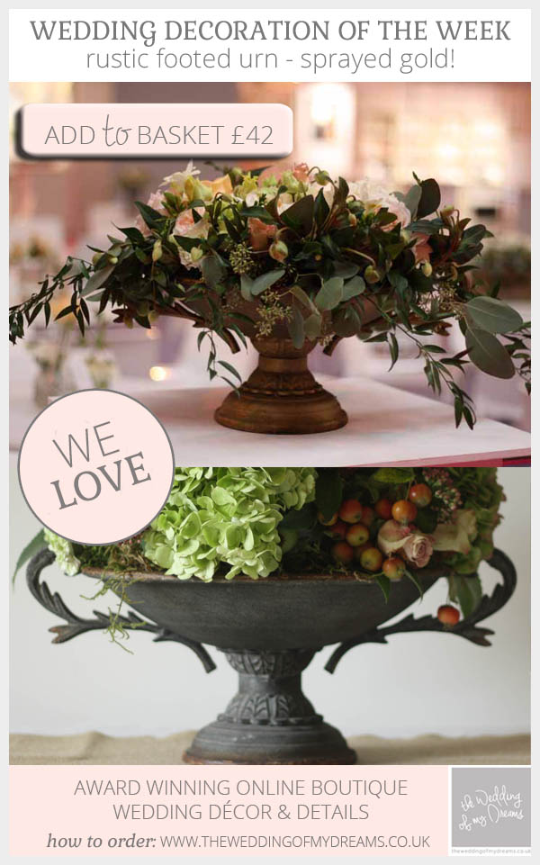 rustic footed gold urn wedding centrepiece