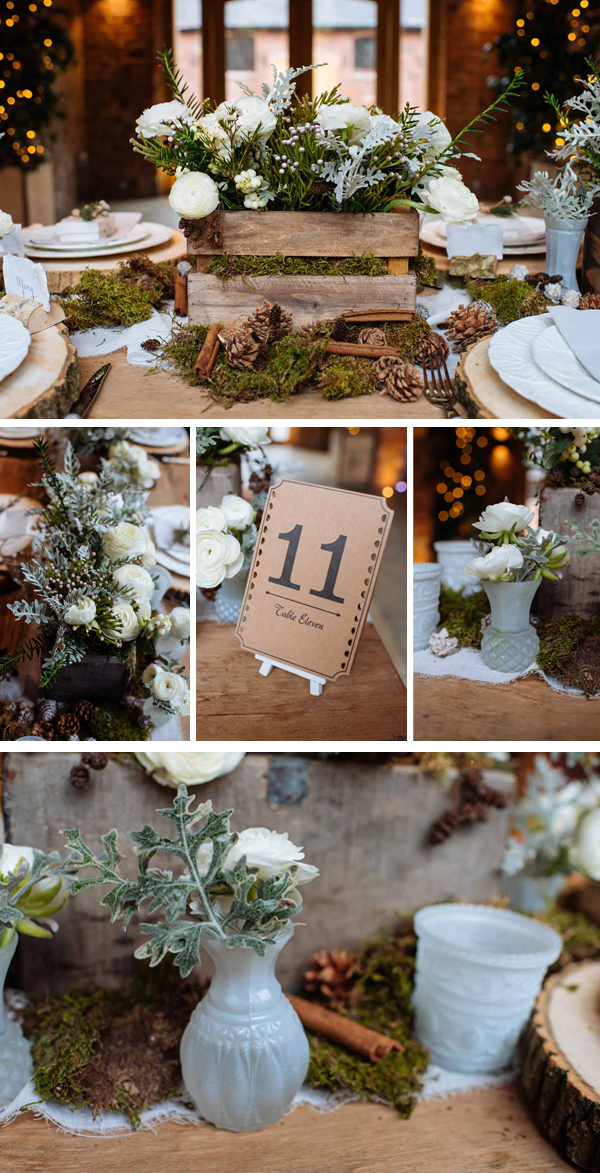 rustic winter woodland wedding table decorations