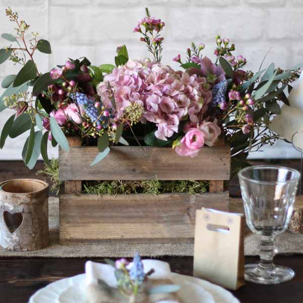 wooden crate wedding centrepieces