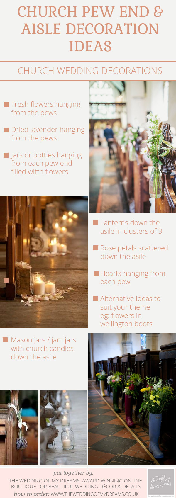 Church pew end and asile decoration ideas by @theweddingofmydreams