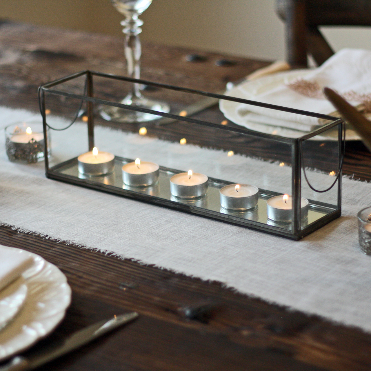 Long Glass and Mirror Tea Light Holder with Metal Frame