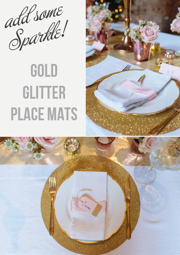 gold glitter place mats for wedding tables @theweddingofmydreams