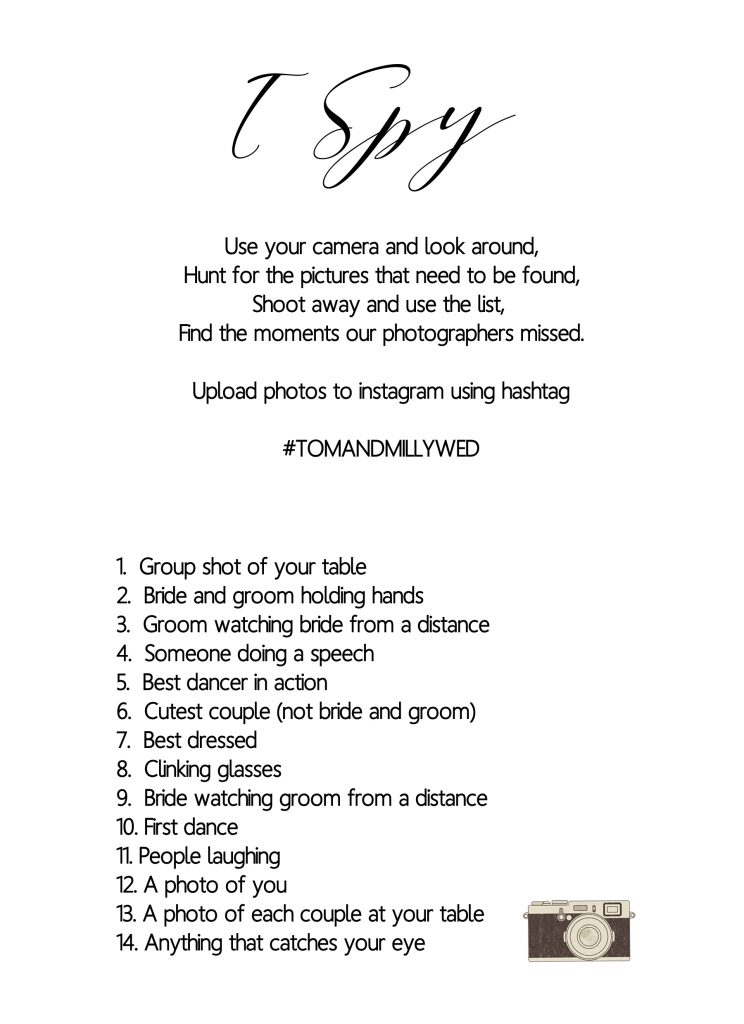 FREE PRINTABLE Wedding instrgram hashtag game photo prompt list created by @theweddingomd calligraphy style