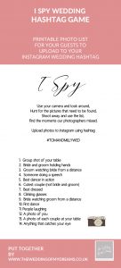 I spy wedidng hashtag game list of photos for wedding guests to upload to instagram hashtag