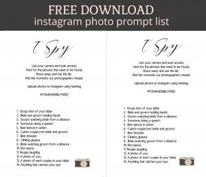 i spy prompt sheet for wedding instagram hashtags - photo uploads - FREE DOWNLOAD calligraphy