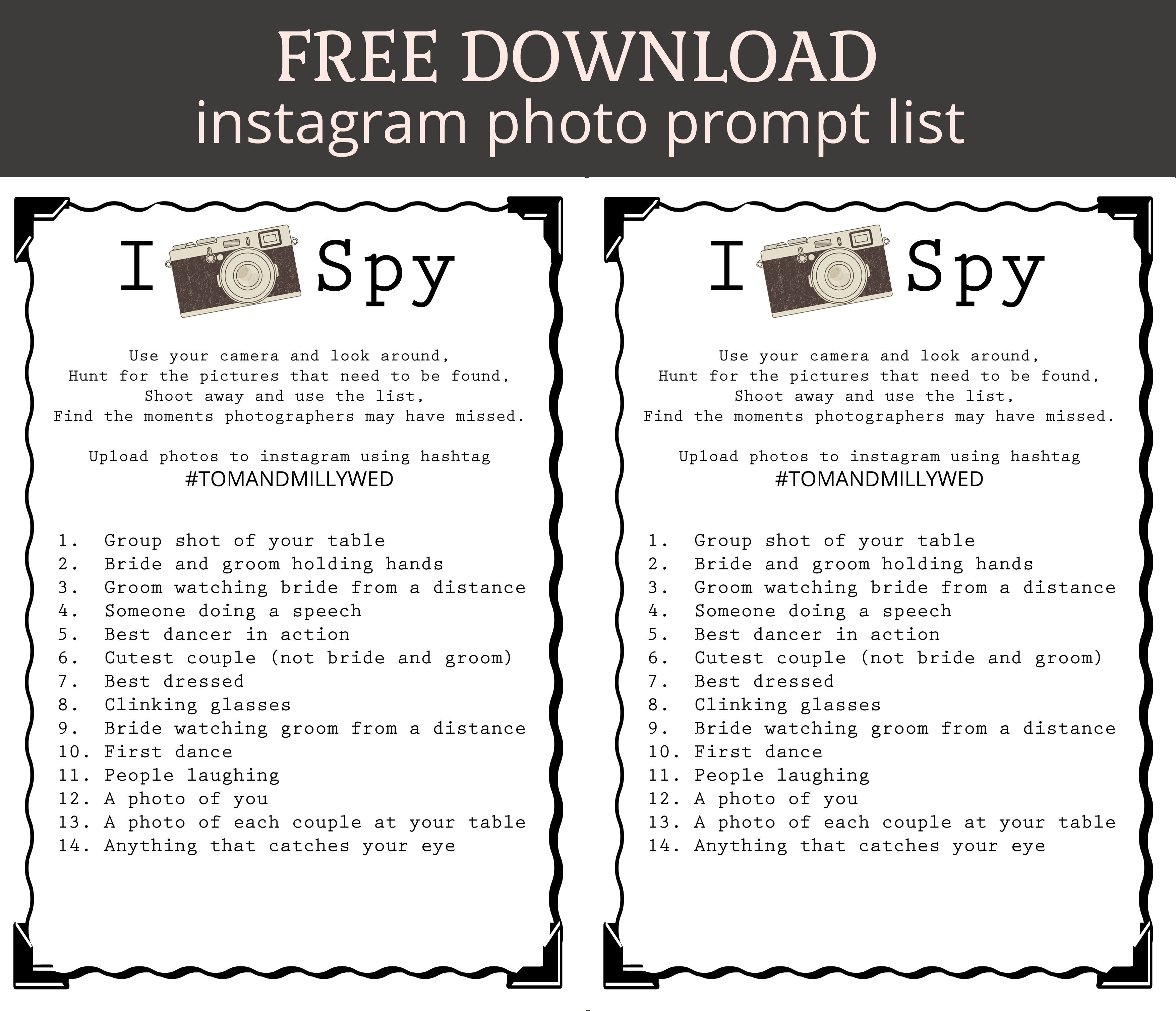 i spy prompt sheet for instagram wedding photo uploads - FREE DOWNLOAD rustic