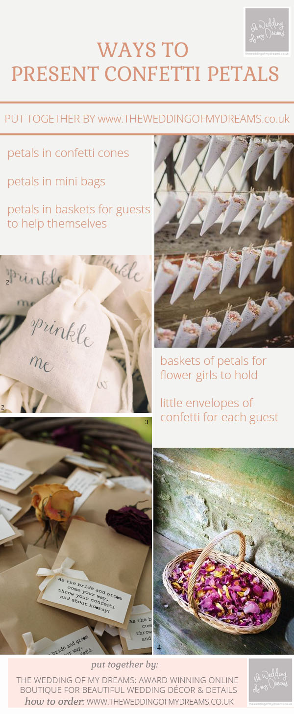 ways to present confetti petals at weddings - confetti cones, confetti bags, confetti in basket, put together by @theweddingomd