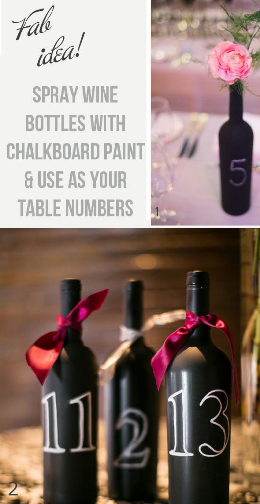 Spray wine bottles with blackboard paint and use as your table numbers by writing on them with chalk - chalkboard wine bottle table numbers