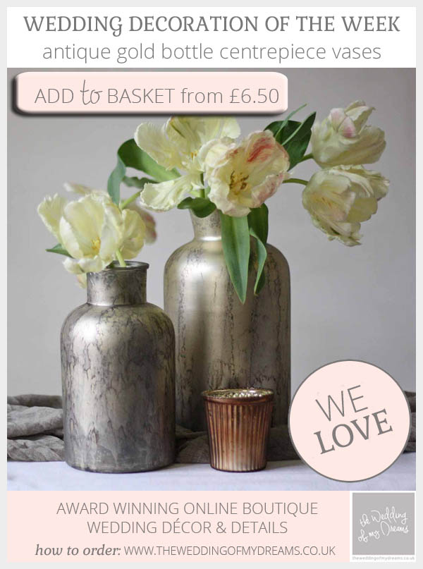 Antique gold bottle centrepiece vases available from @theweddingomd