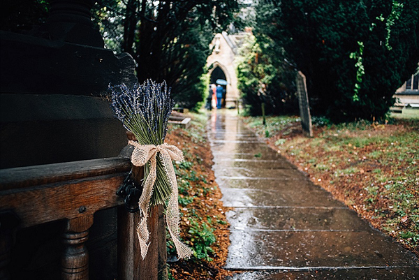 Bunch of lavender tied with hessian added to church gate entrance