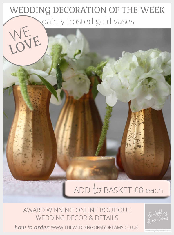 Dainty frosted gold vases for weddings available from @theweddingomd