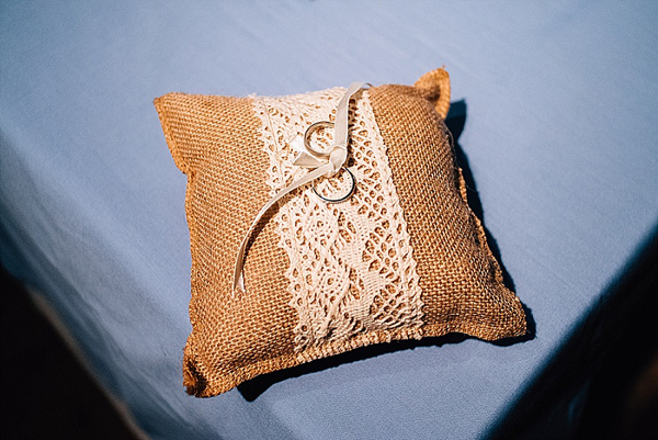 Hessian and lace rustic country wedding rung cushion