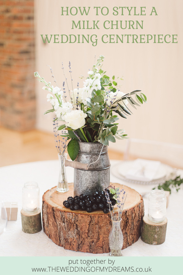 How to style a milk churn wedding centrepiece - milk churns, tree slabs and vases all available from @theweddingomd