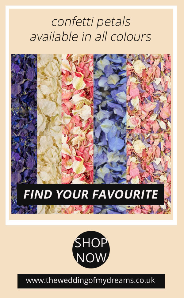 Natural biodegradable wedding confetti petals in blue pink cream purple mix