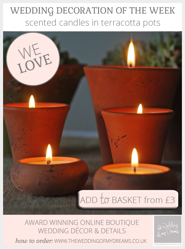 Scented candles in terracotta pots for weddings available from @theweddingomd