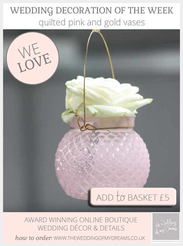 Quilted pink and gold vases hanging available from @theweddingomd