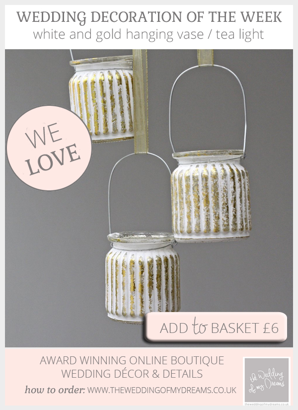 Elegant white and gold hanging vases tea lights available from @theweddingomd