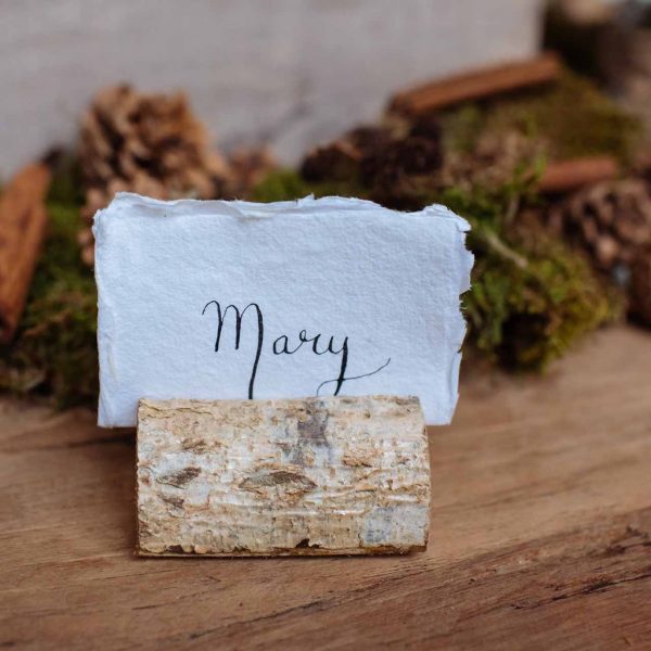 wooden bark name card holder winter woodland wedding decorations available from @theweddingomd