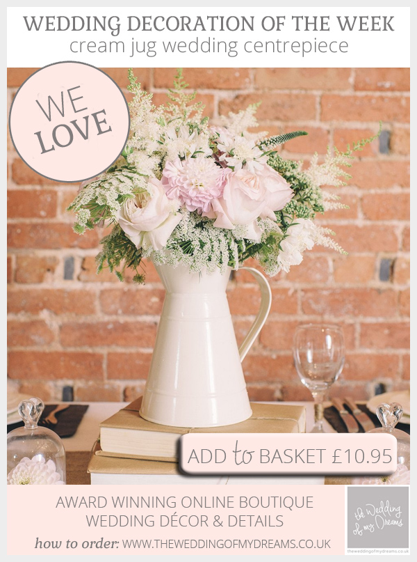 Cream jug wedding centrepiece available from @theweddingomd