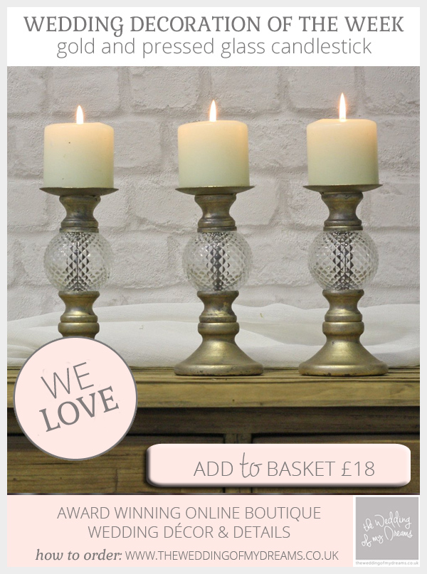elegant gold and pressed glass candlesticks available from @theweddingomd