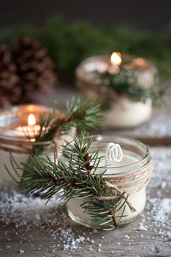 winter wedding favours decorate jam jars with pine cones and fir trees