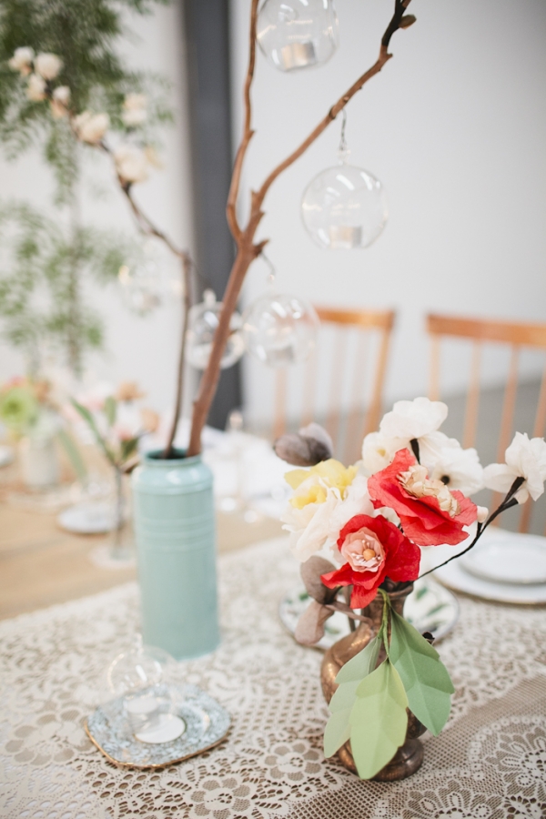 hanging candle holders branches winter wedding centrepieces