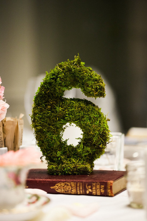 woodland moss covered wedding table numbers