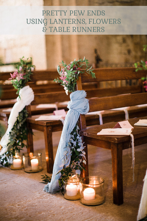 pretty ceremony pew ends using table runners lanterns and flowers click to see where to buy these.jpg