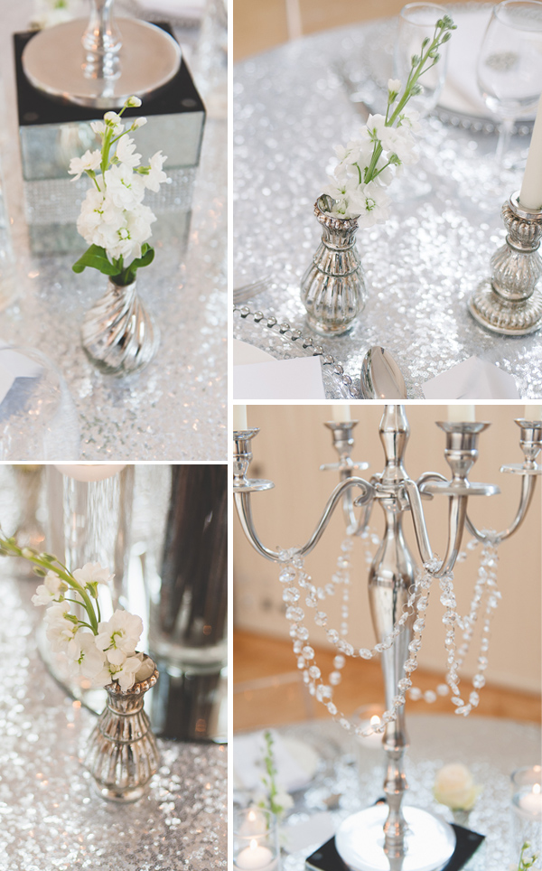 Mercury silver vases and silver glitter table cloths for wedding centrepieces by The Wedding of my Dreams @theweddingomd