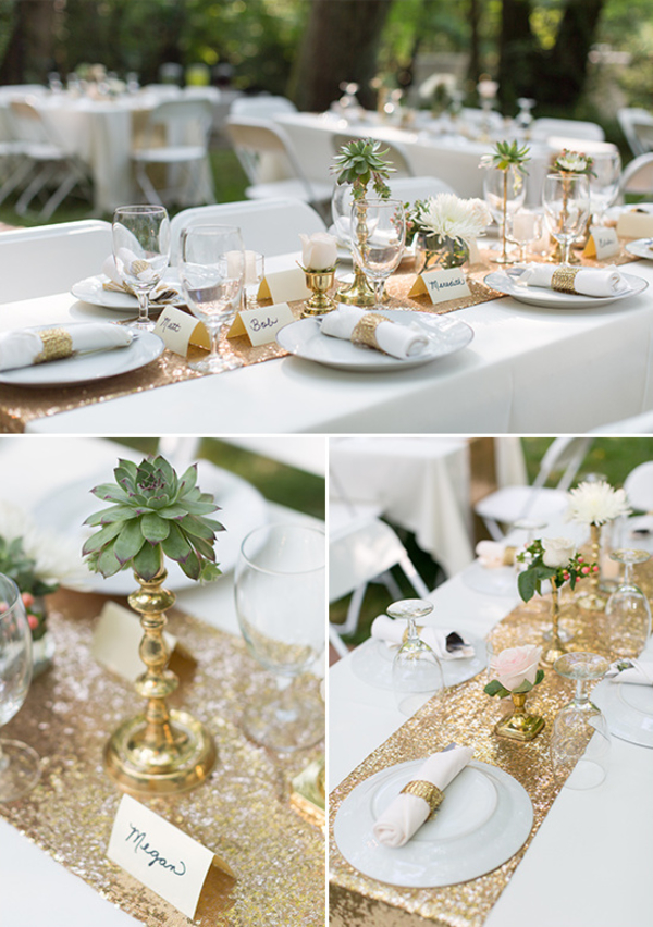 Wedding Centrepiece Gold Long Tressle Tables with runner