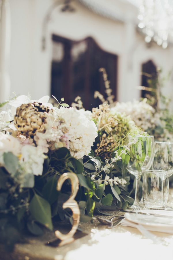 White and Gold wedding centrepeices table numbers