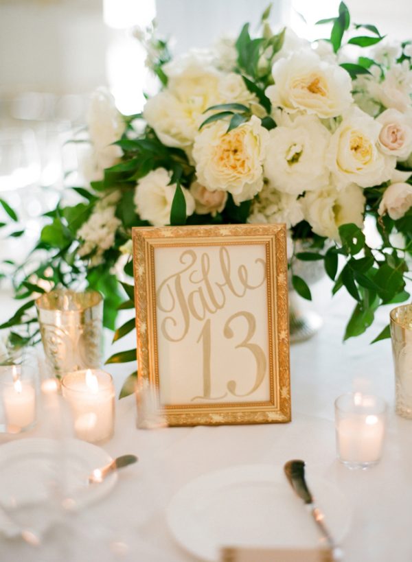 white and gold wedding table numbers