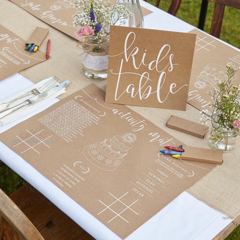 rustic childrens wedding activity set place mat crayons