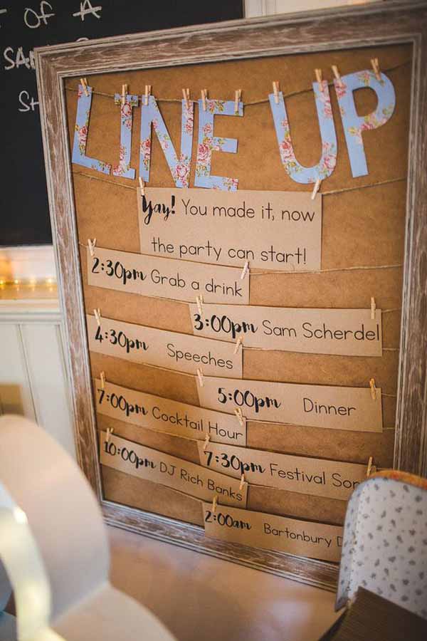 line up wedding day sign for festival weddings