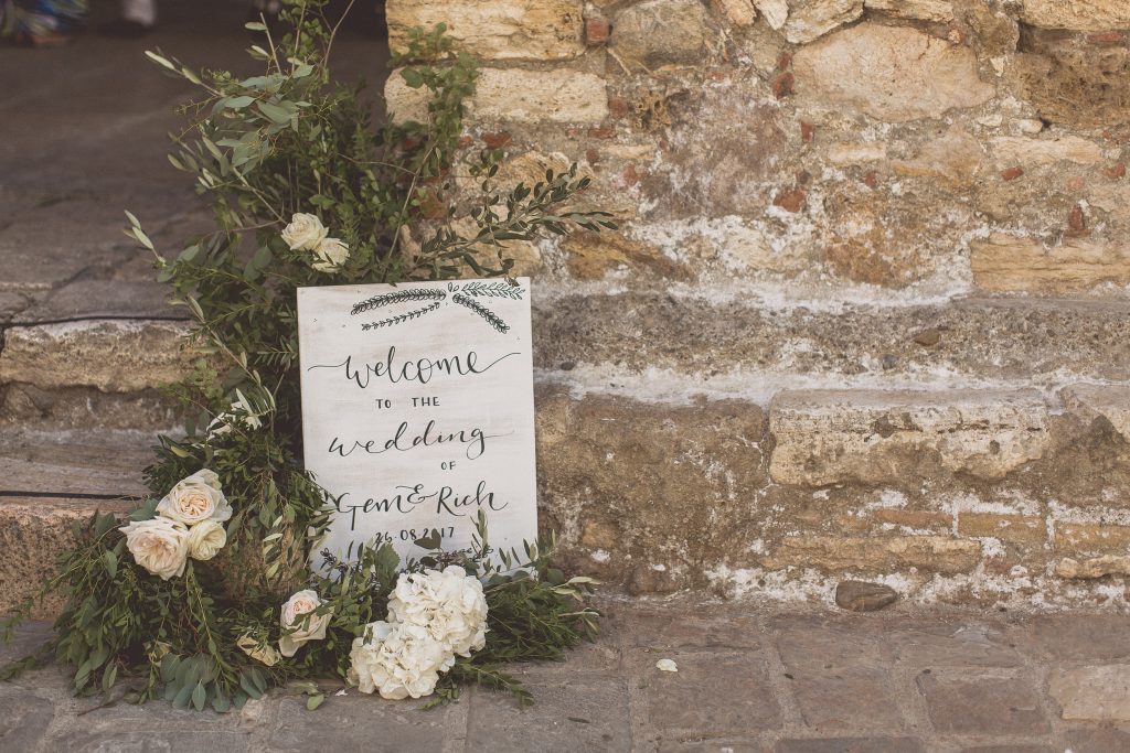 Welcome wedding sign wooden white wash Tuscany Italy destination wedding