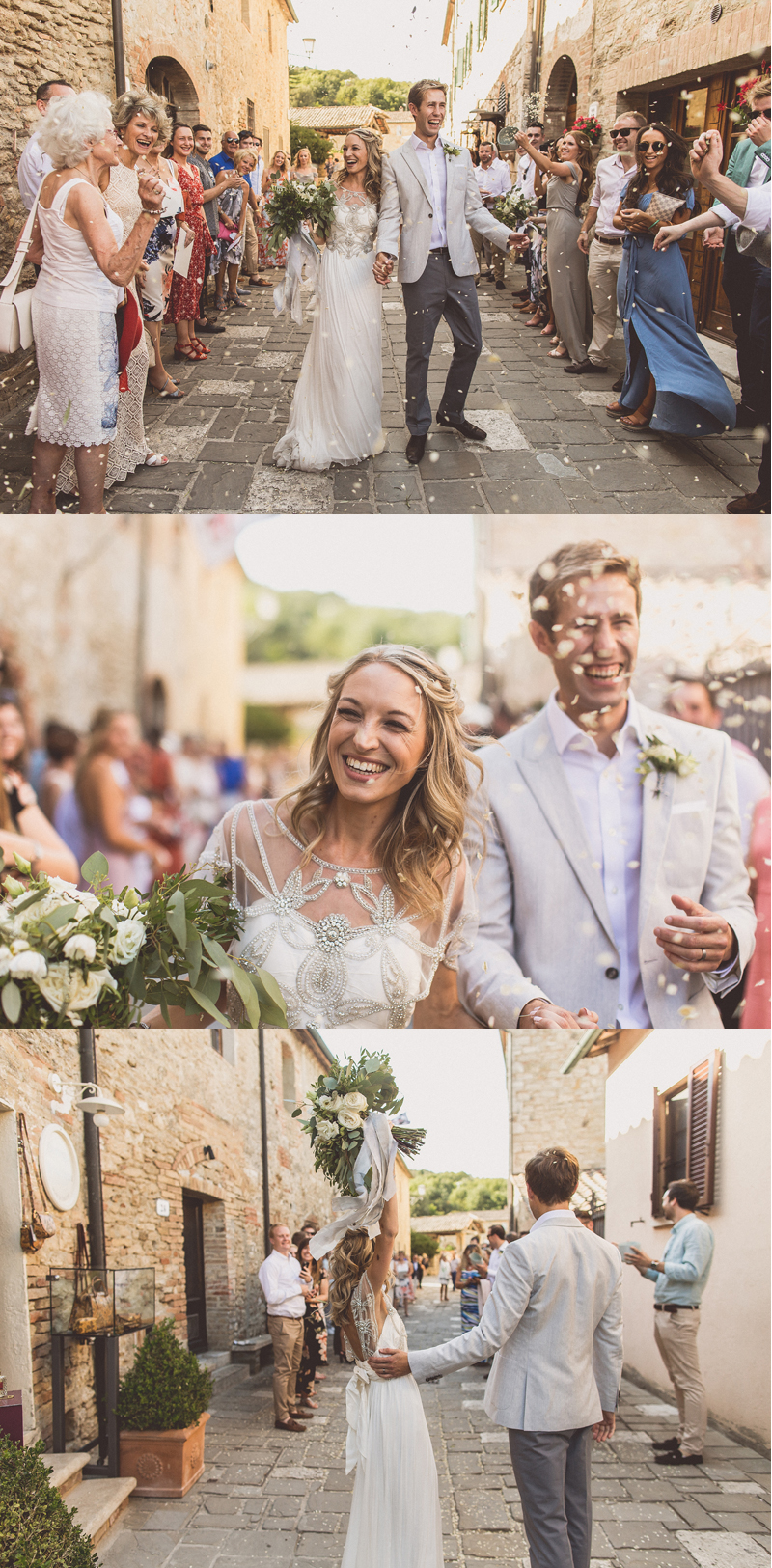 wedding confetti tunnel outdoor wedding ceremony Gemma Richard King Tuscany Bagno Vignoni