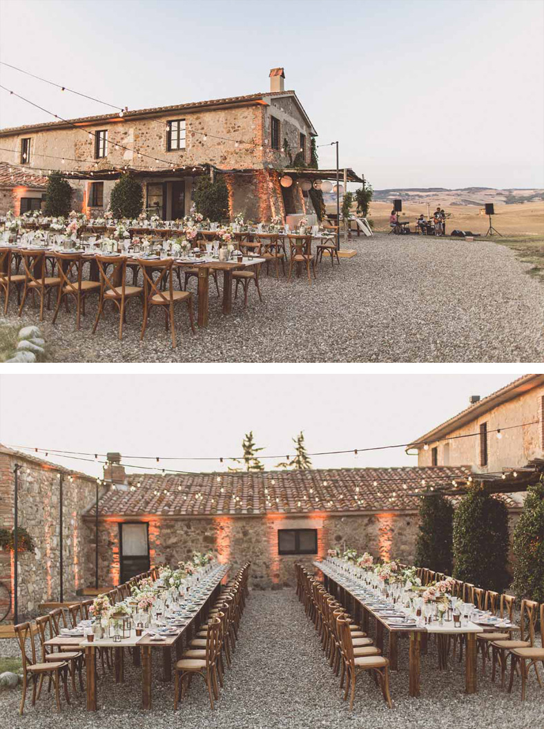 Long wooden wedding tables outside Locanda In Tuscany Italy style destination wedding