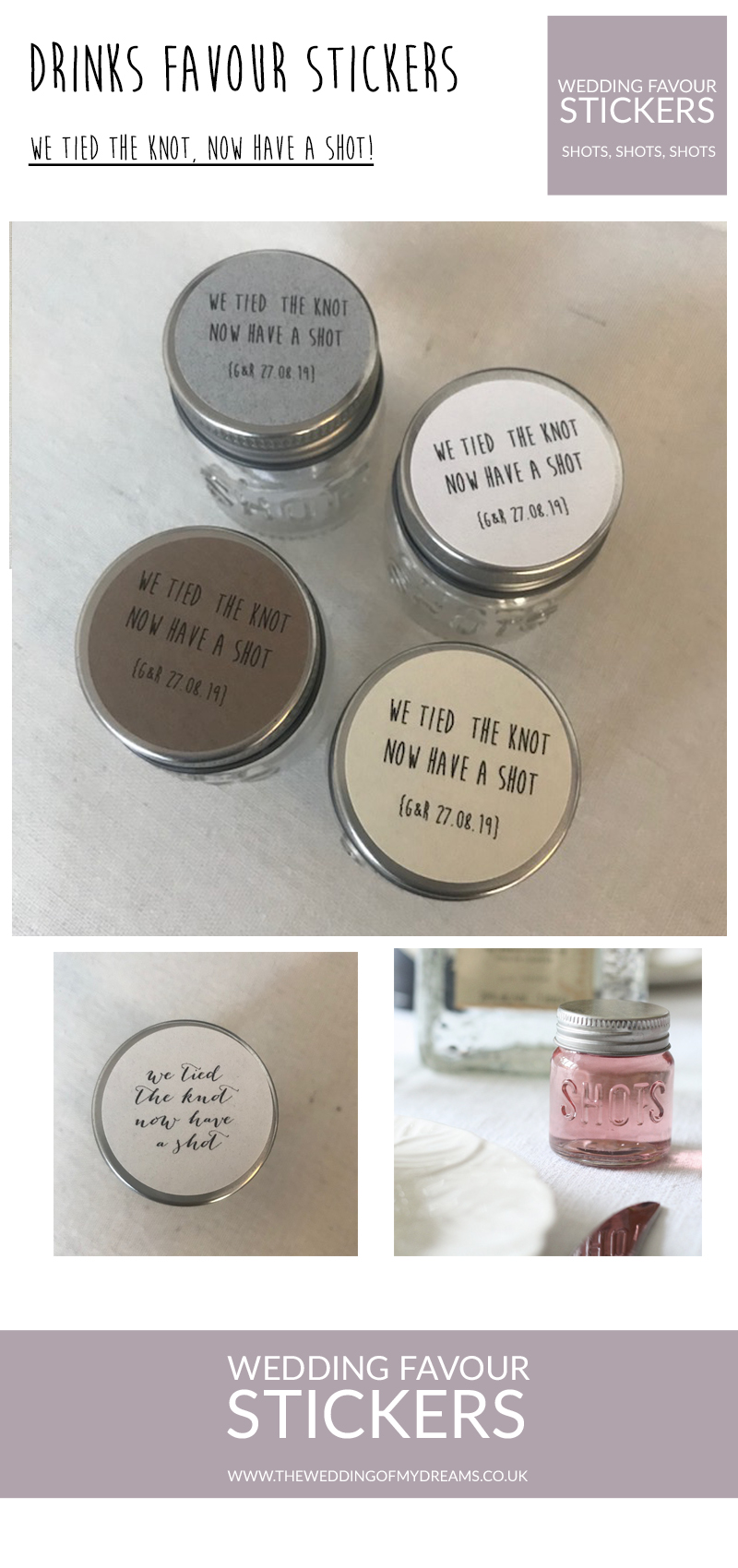 personalised wedding favour stickers we tied the knot have a shot