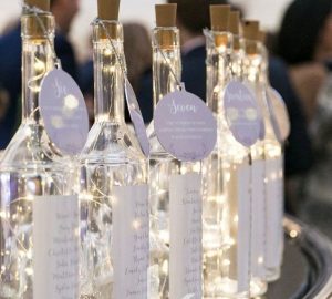 DIY wedding decorations LED lights in wine bottles table plan