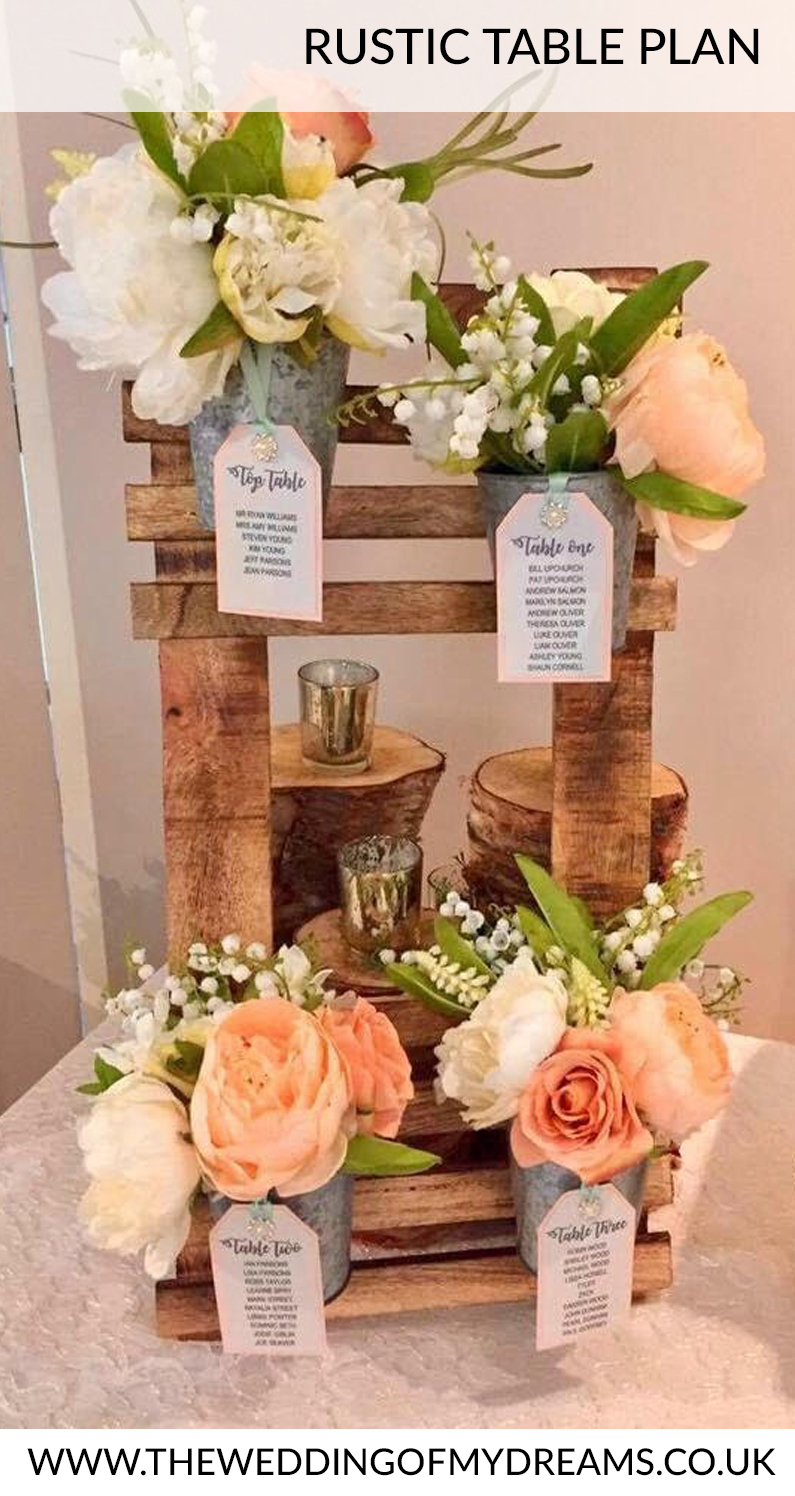 rustic wedding table plan with buckets