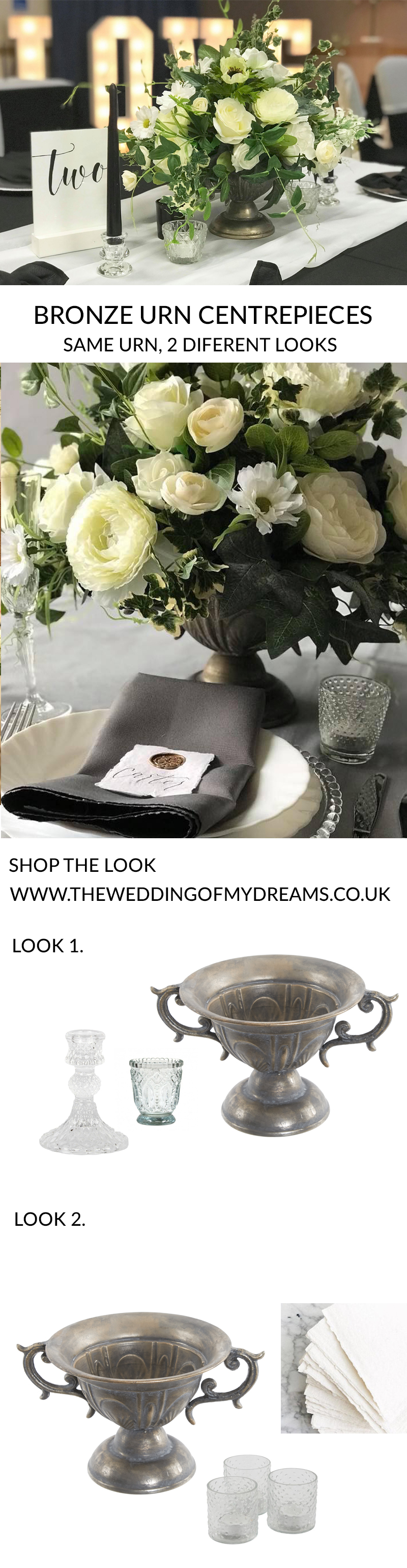 wedding centrepieces bronze urns glass tea light holders rustic elegant wedding styling